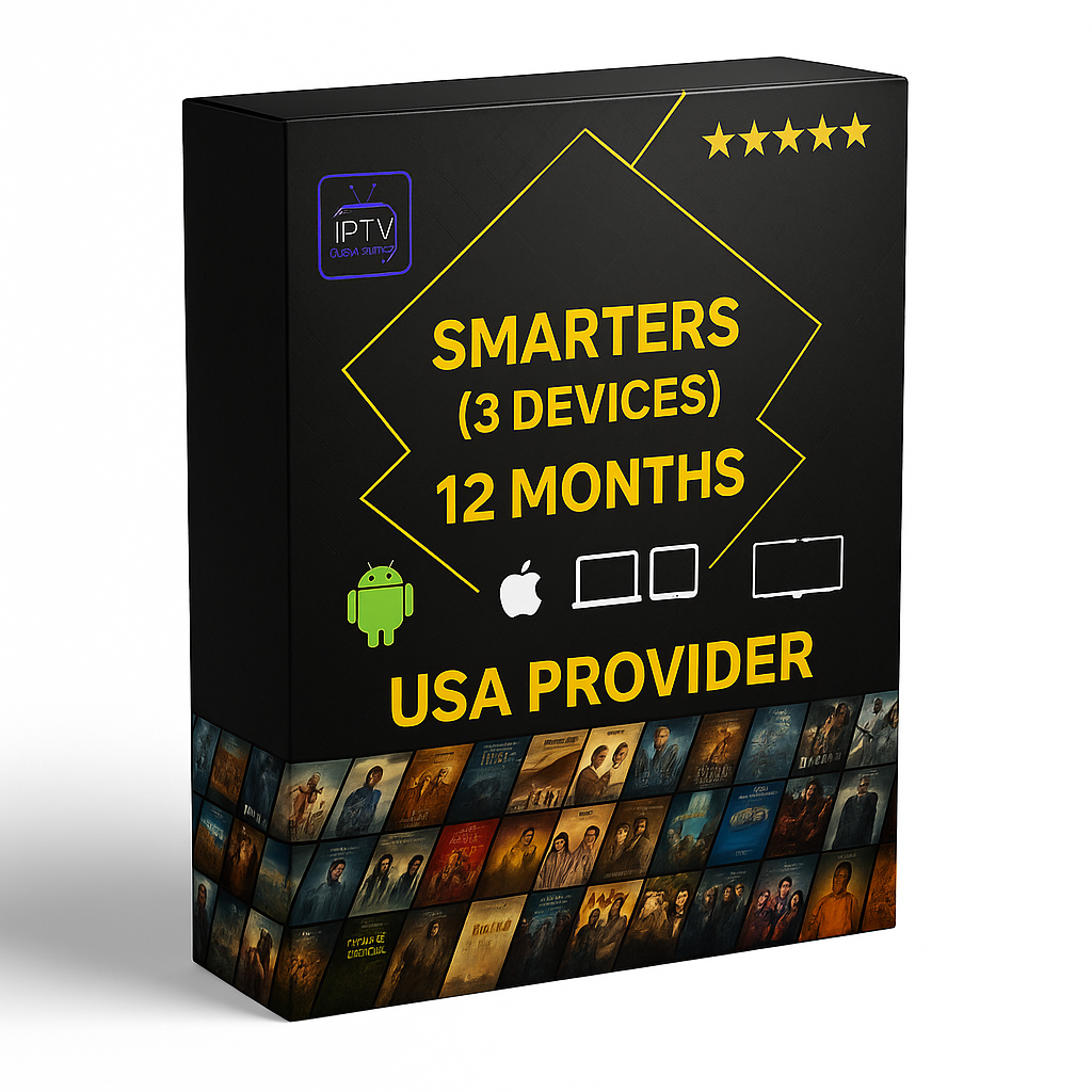 12 Months IPTV Smarters Pro Subscription for 3 Devices – USA Provider, includes 35,000+ live channels, 145,000+ VOD movies and series, and multi-device support (Android, Apple, Laptop, Smart TV).
