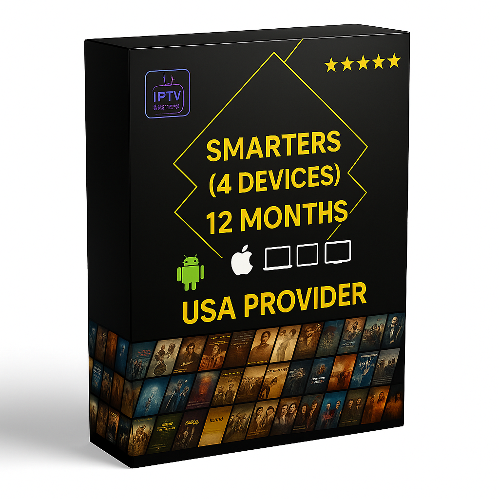 12 Months IPTV Smarters Pro Subscription for 4 Devices – USA Provider, includes 35,000+ live channels, 145,000+ VOD movies and series, and multi-device support (Android, Apple, Laptop, Smart TV).