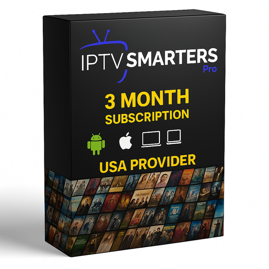 3 Months IPTV Smarters Pro Subscription Box – USA Provider, includes 35,000+ live channels, 145,000+ VOD movies and series, and multi-device support (Android, Apple, Laptop, Smart TV).
