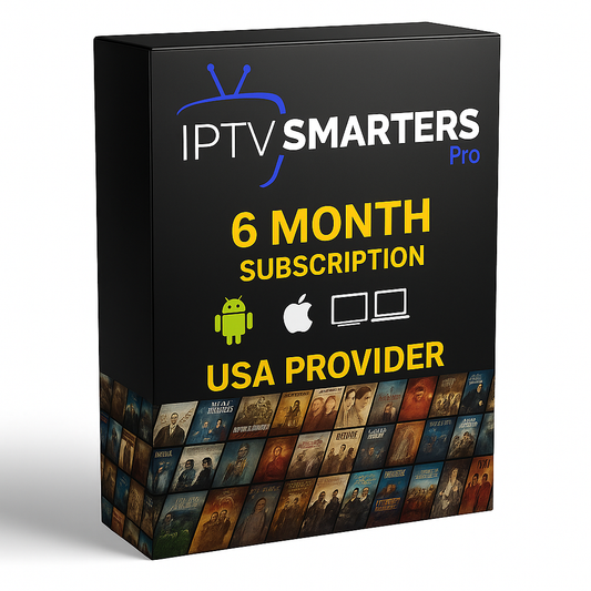 6 Months IPTV Smarters Pro Subscription Box – USA Provider, includes 35,000+ live channels, 145,000+ VOD movies and series, and multi-device support (Android, Apple, Laptop, Smart TV).