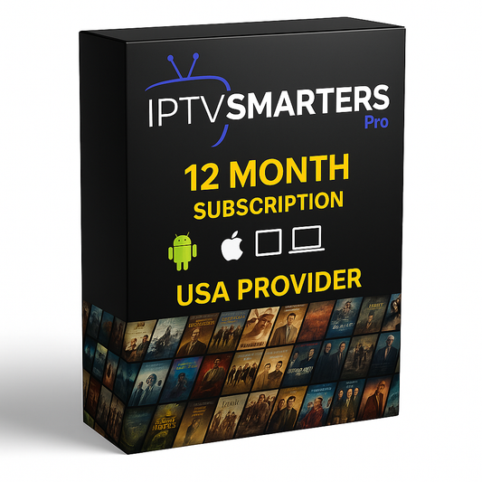 12 Months IPTV Smarters Pro Subscription Box – USA Provider, includes 35,000+ live channels, 145,000+ VOD movies and series, and multi-device support (Android, Apple, Laptop, Smart TV).