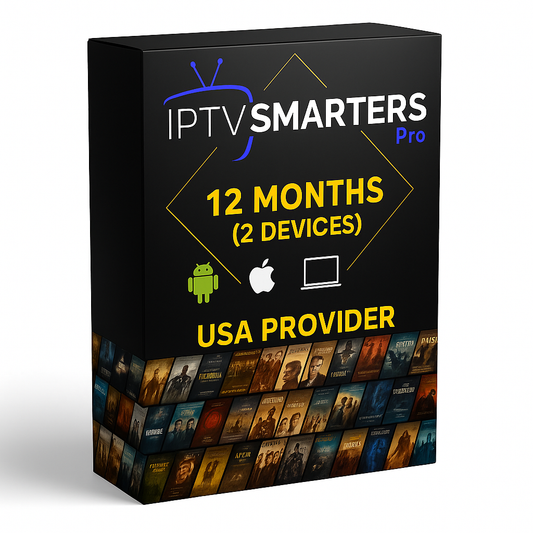 12 Months IPTV Smarters Pro Subscription for 2 Devices – USA Provider, includes 35,000+ live channels, 145,000+ VOD movies and series, and multi-device support (Android, Apple, Laptop, Smart TV).