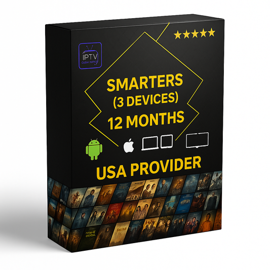 12 Months IPTV Smarters Pro Subscription for 3 Devices – USA Provider, includes 35,000+ live channels, 145,000+ VOD movies and series, and multi-device support (Android, Apple, Laptop, Smart TV). 