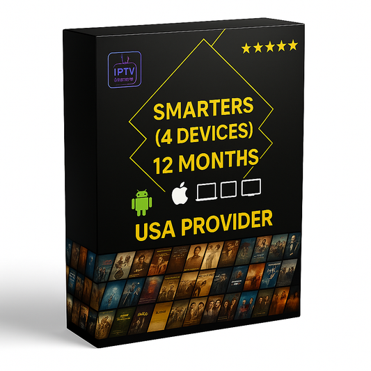 12 Months IPTV Smarters Pro Subscription for 4 Devices – USA Provider, includes 35,000+ live channels, 145,000+ VOD movies and series, and multi-device support (Android, Apple, Laptop, Smart TV).