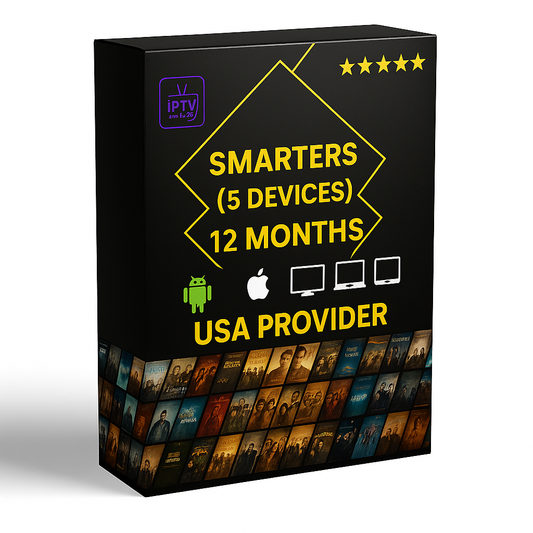12 Months IPTV Smarters Pro Subscription for 5 Devices – USA Provider, includes 35,000+ live channels, 145,000+ VOD movies and series, and multi-device support (Android, Apple, Laptop, Smart TV).