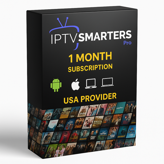 1 Month IPTV Smarters Pro Subscription Box – Includes 35,000+ live channels, 145,000+ VOD movies and series, and multi-device compatibility (Android, Apple, Laptop, Smart TV)