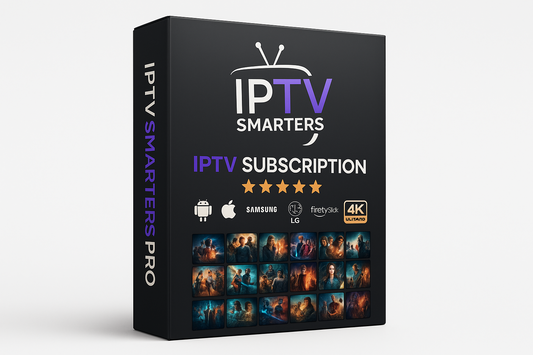 IPTV subscription package with brand logo and features on a black box